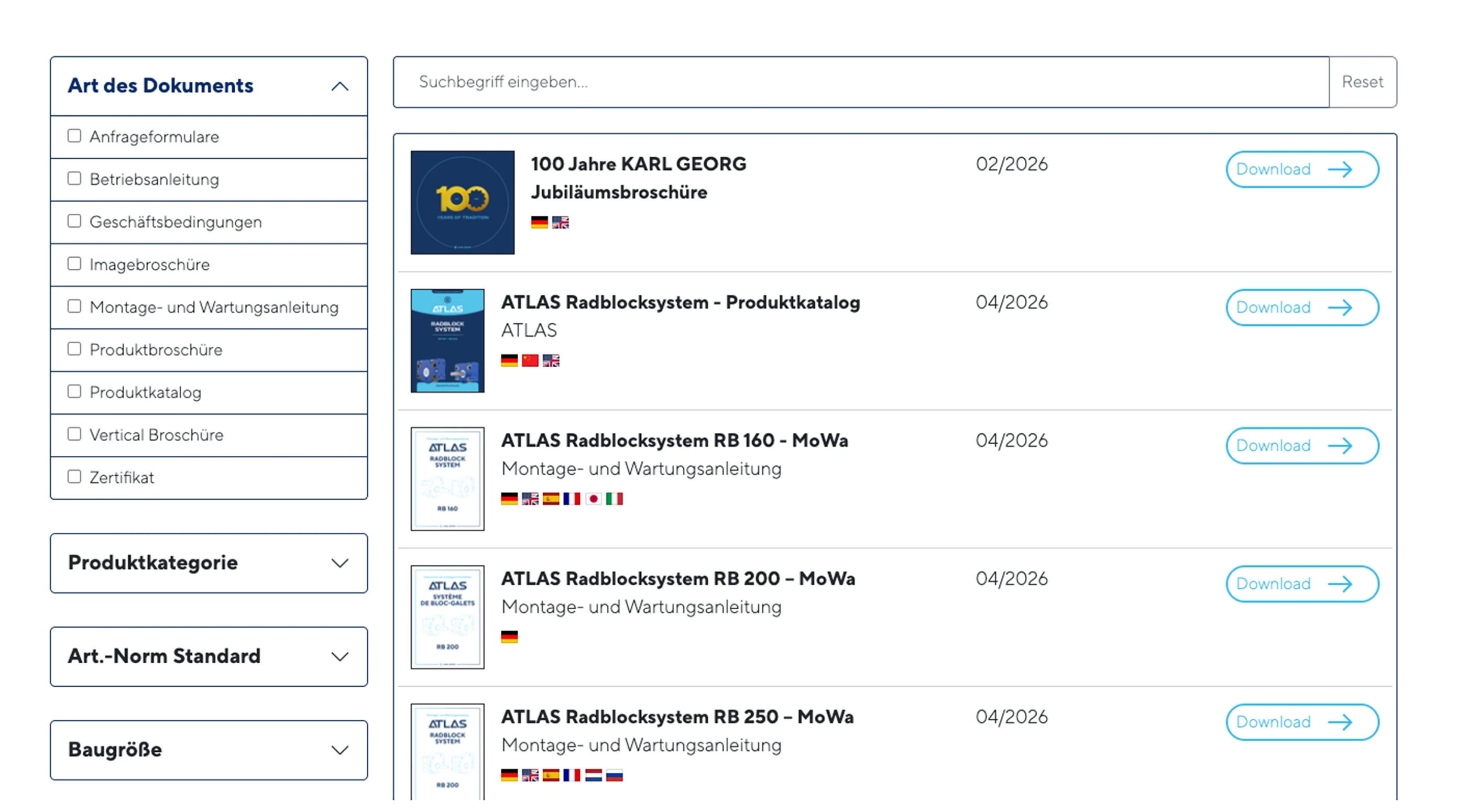 Dokumentenauswahl-Oberfläche mit Filtern und Downloads.