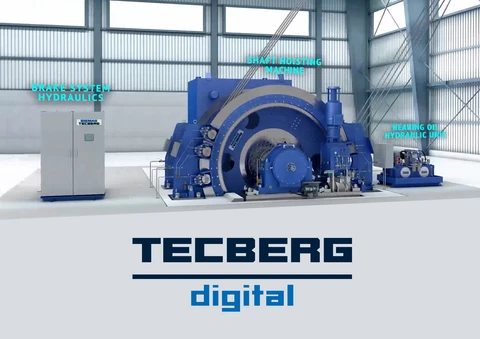 Blaue Schachtfördermaschine im Lagerhaus.